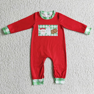 Milk Cookies Santa Green Plaid Red Boys Christmas Romper