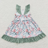 Floral Bluish White Ruffles Girls Flutter Sleeve Dress