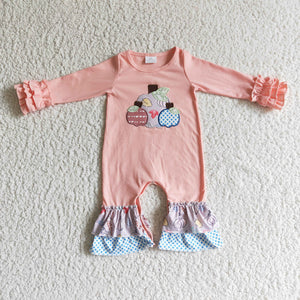 Three Pumpkins Embroidery Pink Ruffles Girls Fall Romper