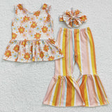 Floral Orange Stripe Girls Short Sleeve+Trousers Sets