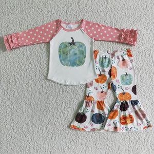 Pumpkin Polka Dots Pink Ruffles Girls Long Sleeve+Trousers Sets