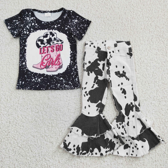Let's go Cowgirl Cow Print Jeans Girls Short Sleeve+Trousers Set