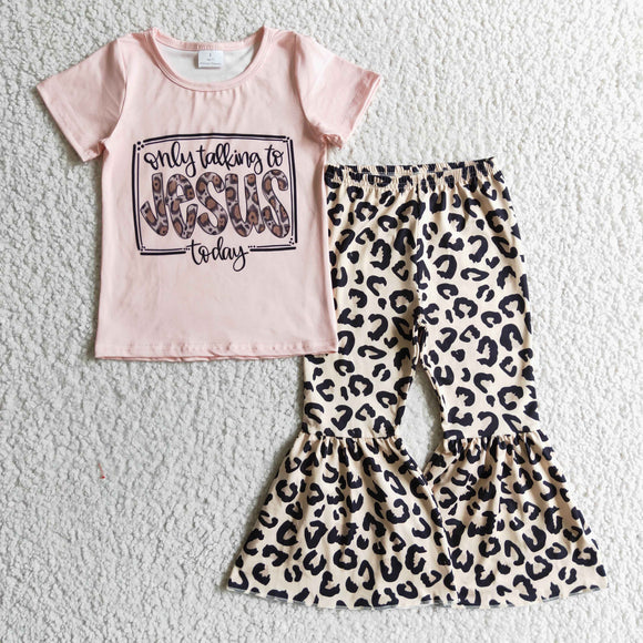 Letters Leopard Print Pink Girls Christmas Outfits