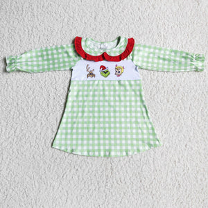 Cartoon Embroidery Green Plaid Red Ruffles Girls Christmas Dress