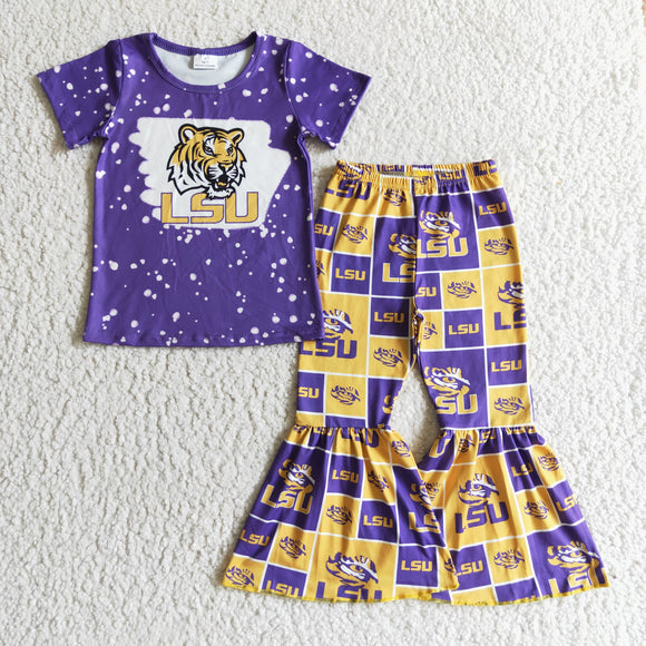 Purple Yellow Tiger Print Football Team Girls Short Sleeve+Trousers Sets