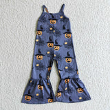 Pumpkin Spiderweb Blue Girls Halloween Jumpsuit
