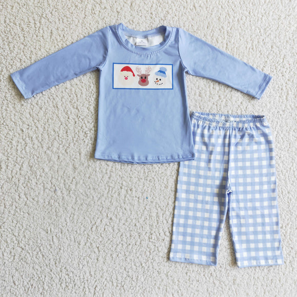 Santa Reindeer Snowman Plaid Blue Boys Christmas Outfits