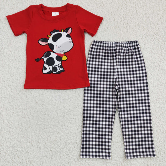 Promotional Cow Plaid Red Boys Short Sleeve+Trousers Sets