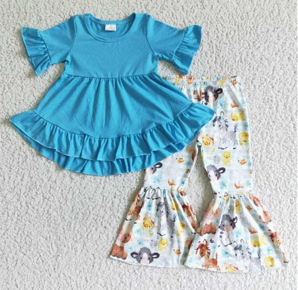 Solid Blue Farm Animals Girls Short Sleeve+Trousers Sets