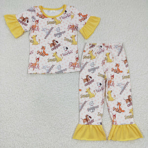 Cartoon Lion Polka Dots Yellow Girls Short Sleeve Pajamas