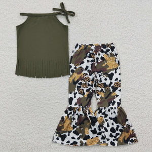 Tassels Leopard Cow Print Army Green Girls Short Sleeve+Trousers Sets