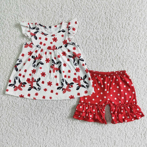 Promotional Cow Floral Red White Girls Shorts Sets