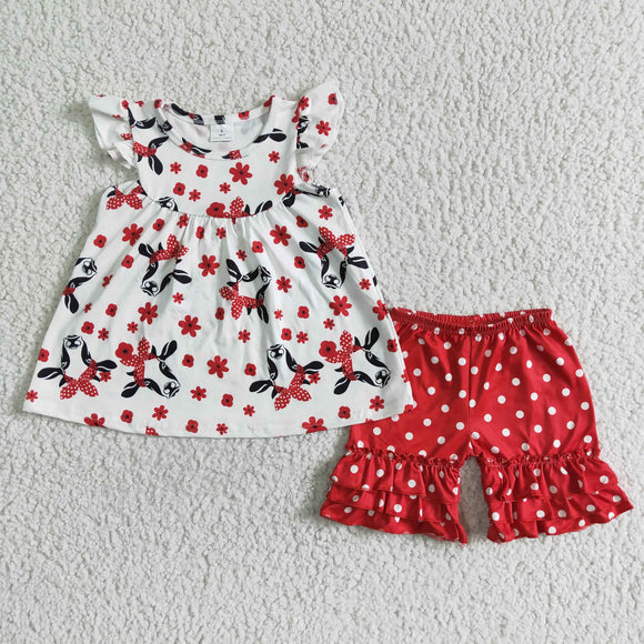 Promotional Cow Floral Red White Girls Shorts Sets