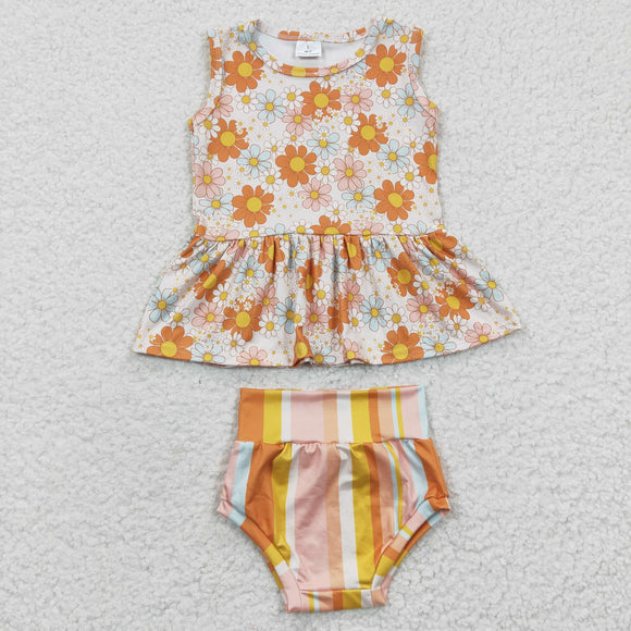 Floral Orange Stripe Girls Bummies Sets