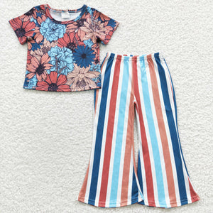 Floral Stripe Girls Short Sleeve+Trousers Sets