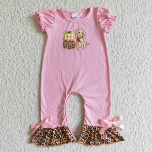 Pumpkin Dog Pink Leopard Girls Fall Romper