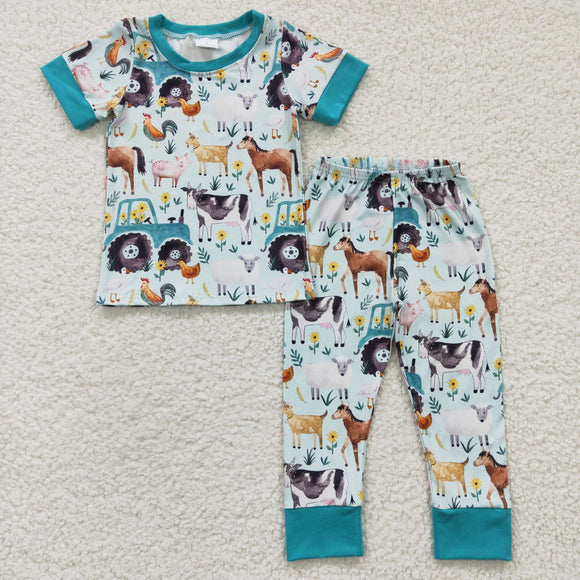 Farm Animals Tractor Sky Blue Boys Short Sleeve Pajamas