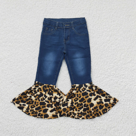 Dark Blue Leopard Print Flared Girls Jeans Pants