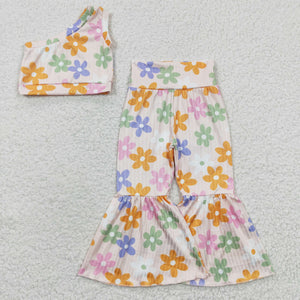 One Shoulder Floral Pink Girls Short Sleeve+Trousers Sets