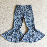 Leopard Print Blue Flared Girls Jeans Pants