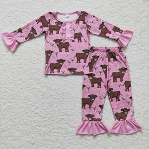Cow Heifer Yak Pink Girls Long Sleeve Pajamas