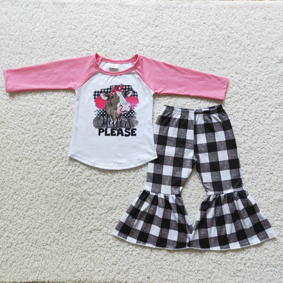 Promotional Heifers Please Plaid Girls Long Sleeve+Trousers Sets