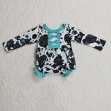 Bows Cow Print Blue Girls Fall Romper