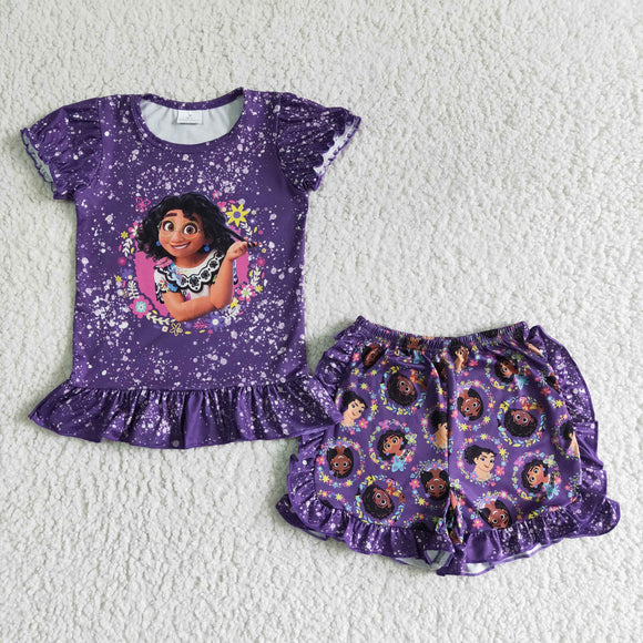 Promotional Cartoon Purple Girls Shorts Sets