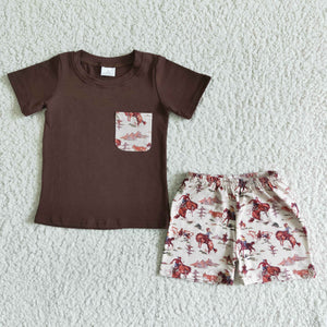 Cowboy Horse Pocket Brown Boys Shorts Sets