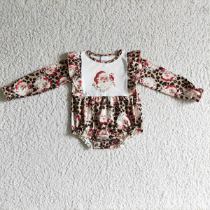 Santa Leopard Print Brown White Girls Christmas Romper