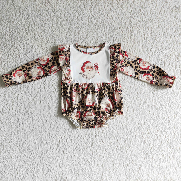 Santa Leopard Print Brown White Girls Christmas Romper