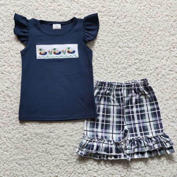 Duck Plaid Navy Girls Shorts Sets