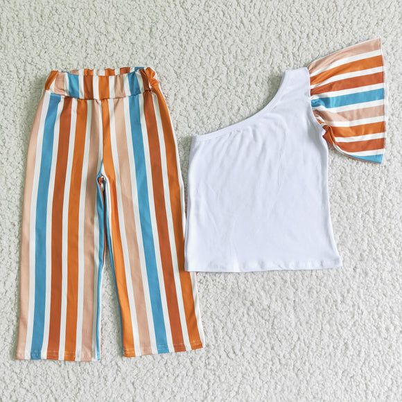 Promotional Red Orange Stripes One Shoulder Girls Short Sleeve+Trousers Sets