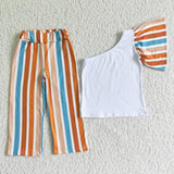 Promotional Red Orange Stripes One Shoulder Girls Short Sleeve+Trousers Sets
