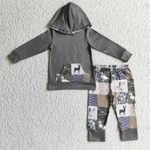 Jungle Deer Duck Camo Plaid Green Boys Fall Hoodie Sets