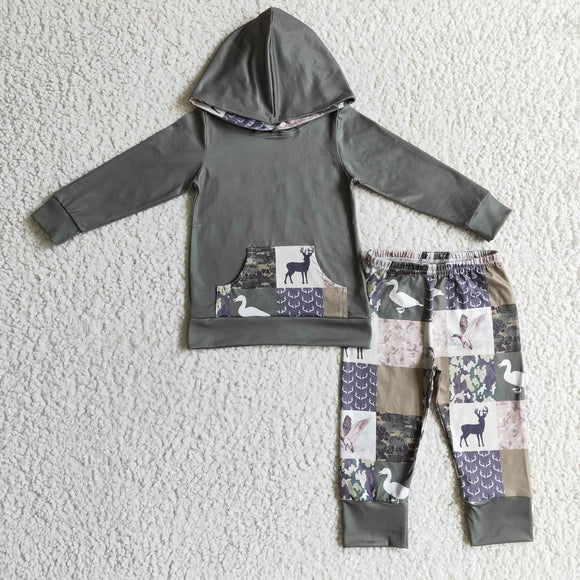 Jungle Deer Duck Camo Plaid Green Boys Fall Hoodie Sets