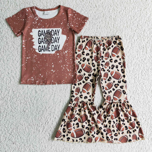 Promotional Game Day Letters Football Leopard Print Brick Red Girls Short Sleeve+Trousers Sets