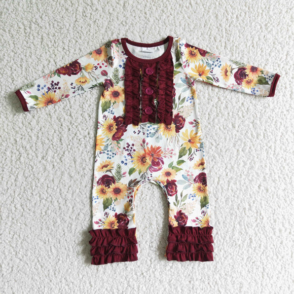 Baby Girls Floral Dark Red Fall Romper