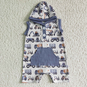Excavator Truck Gray Pocket Hoodie Baby Boys Summer Romper