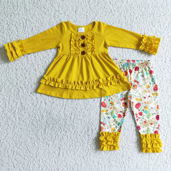 Promotional Buttons Yellow Floral Legging Girls Long Sleeve+Trousers Sets