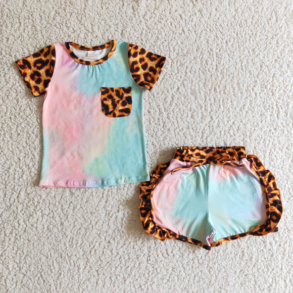 Promotional Tie Dye Leopard Print Pocket Girls Shorts Sets