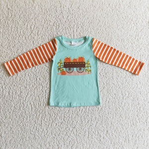 Pumpkin Car Orange Stripes Green Boys Long Sleeve Top