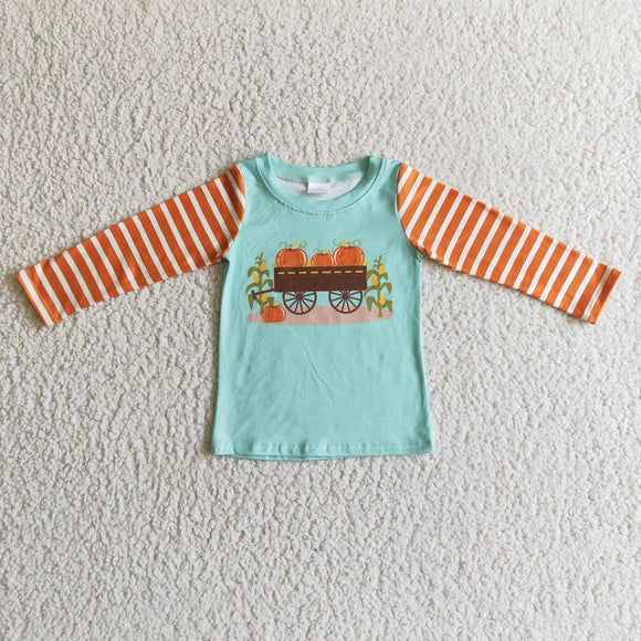 Pumpkin Car Orange Stripes Green Boys Long Sleeve Top