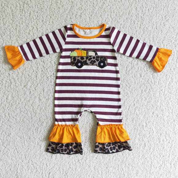 Pumpkin Truck Embroidery Stripes Girls Fall Romper