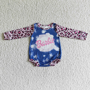 Cartoon Dolls Leopard Print Long Sleeve Pink Girls Fall Romper