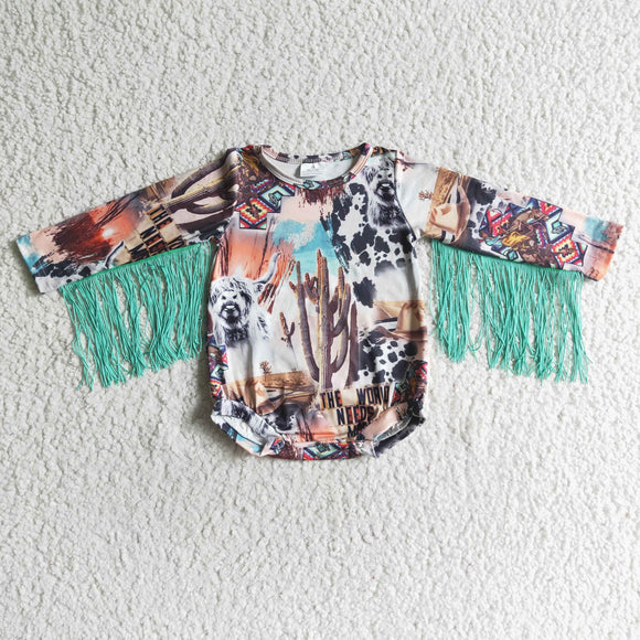 Highland Cow Green Tassels Girls Fall Romper