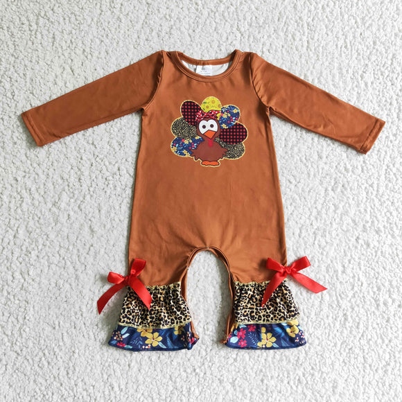 Floral Turkey Brown Girls Thanksgiving Romper