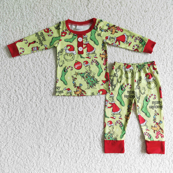 Cartoon Green Socks Red Boys Christmas Pajamas