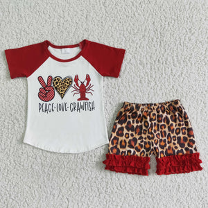 Promotional Crawfish Leopard Print Red Girls Shorts Sets