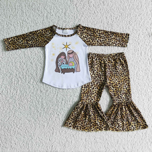 Jesus Leopard Print Girls Long Sleeve+Trousers Sets